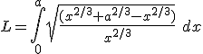 L = \int_0^a \sqrt{\frac{(x^{2/3} + a^{2/3} - x^{2/3})}{x^{2/3}}}\ dx